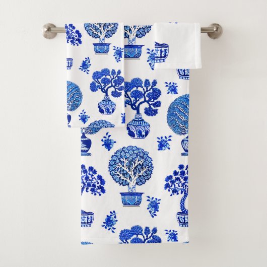 Bonsai Bomen Patroon in Kobalt Blauw en Wit Bad Handdoek (Insitu)