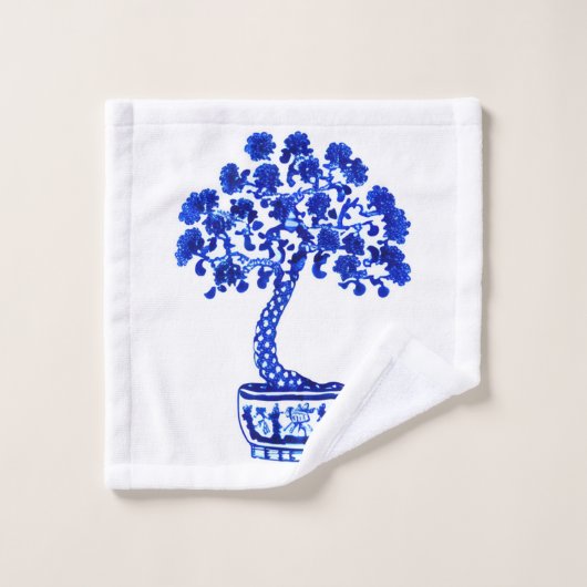 Bonsai Bomen Patroon in Kobalt Blauw en Wit Bad Handdoek (Wasdoekje)