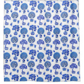 Bonsai Bomen Patroon in Kobalt Blauw en Wit Douchegordijn (Voorkant)