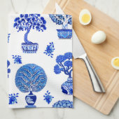 Bonsai Bomen Patroon in Kobalt Blauw en Wit Theedoek (Quarter Fold)