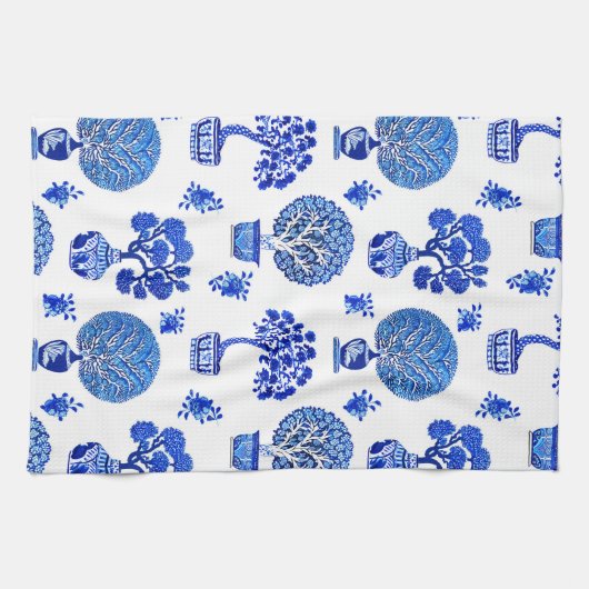 Bonsai Bomen Patroon in Kobalt Blauw en Wit Theedoek (Horizontaal)
