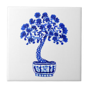 Bonsai Boom in Kobalt Blauw en Wit Tegeltje