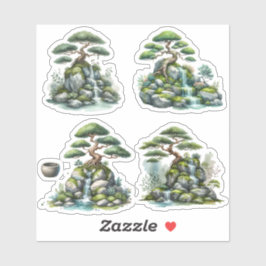 Bonsai tree on a miniature rock formation sticker