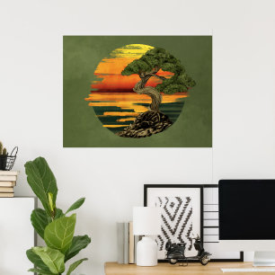 Bonsai Tree Zonsondergang boven zee Poster