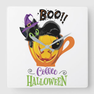 Boo Black Cat, Scary Pumpkin Coffee Halloween Vierkante Klok