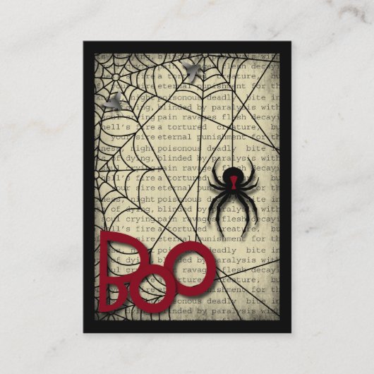Boo Black Widow Spider & Creepy Text voor Hallowee Informatiekaartje (Voorkant)