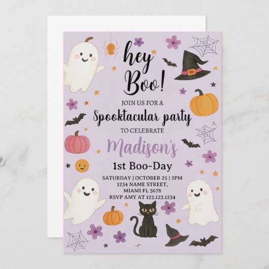 Boo Day 1er anniversaire Invitation | Joli fantôme (Devant / Derrière)