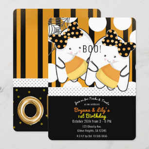 Boo Geest Tweeling Meisjes Halloween 1e Verjaardag Kaart