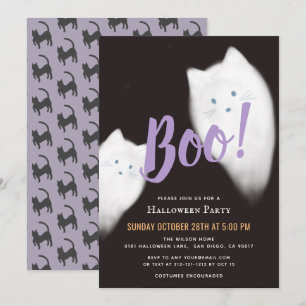 Boo. Ghost Cat Cute Paarse Halloween Party Kaart