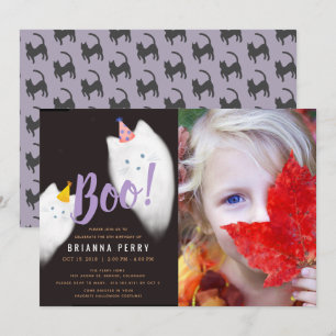 Boo. Halloween Ghost Cat Paarse Foto Birthday Kaart