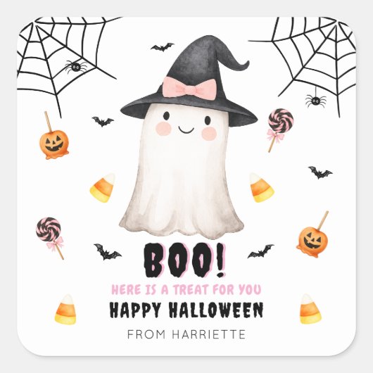 Boo Happy Halloween Cute Ghost Vierkante Sticker (Voorkant)