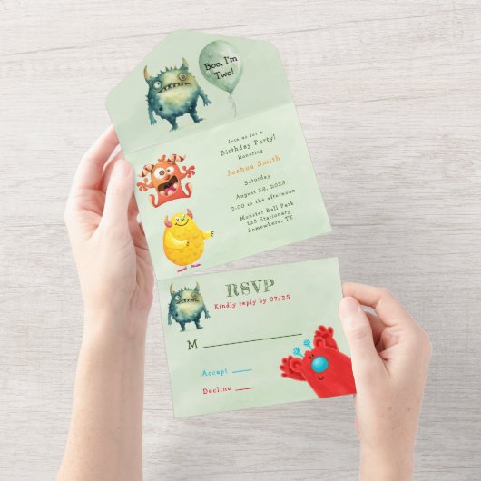 Boo, ik word twee! Monster Boy Verjaardagsfeestje All In One Uitnodiging (Afscheurbaar)