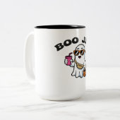 BOO-JEE Ghost – Funny Boujee Halloween Design Tweekleurige Koffiemok (Voorkant links)