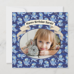 Boo Octopus Blue Cute Kids Birthday Party Invite Feestdagenkaart