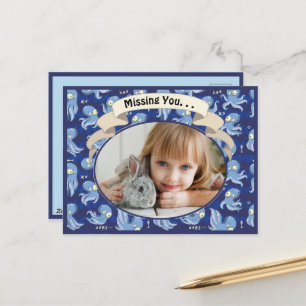 Boo Octopus Blue Cute Kinderen die je missen Feestdagenkaart