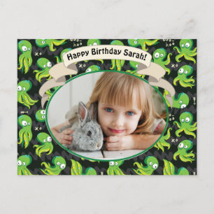 Boo Octopus Green Cute Kids Birthday Party Invite Feestdagenkaart