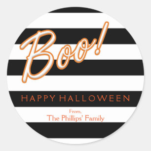 BOO Oranje Halloween Zwart Wit Gestreepte Feestje Ronde Sticker