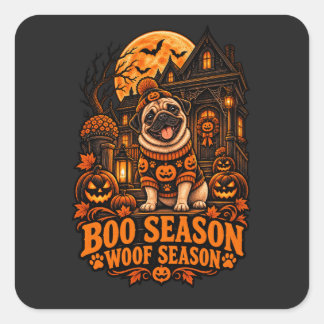 Boo Seizoen Woof Seizoen Pug Halloween Pompoen Zwe Vierkante Sticker