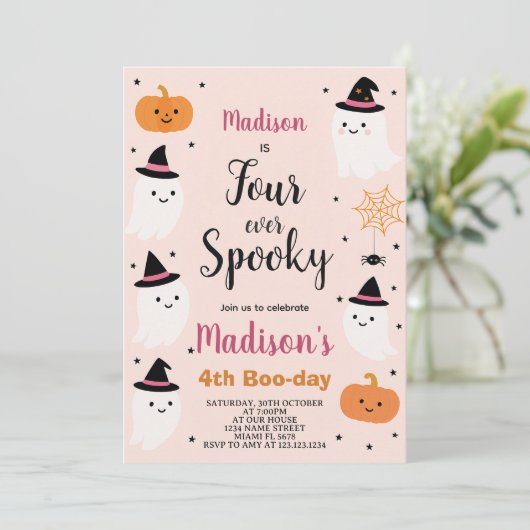 Boo-tiful Vier Kinder Halloween Verjaardag Uitnodi Kaart (Staand voorkant)