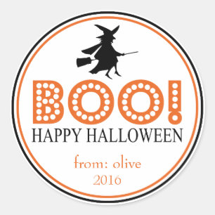 Boo. Vliegende heks (zwart/Oranje) Ronde Sticker