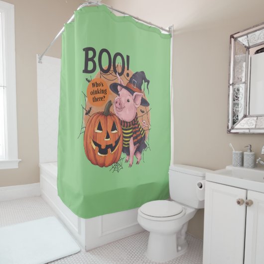Boo Who's Oinking There Halloween Pig Douchegordijn (In situ)