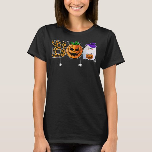 Boo With Spiders Ghost Pumpkin And Witch Hat Hallo T-shirt (Voorkant)