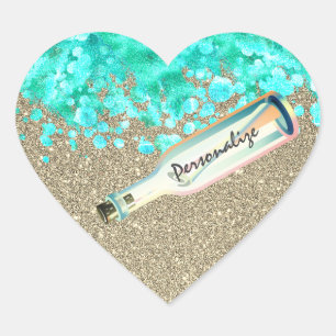 Boodschap in een fles strand en oceaangolven hart sticker