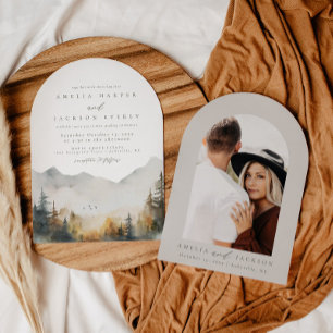 Boog Boho Waterverf Mountain bruiloft uitnodiging