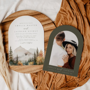 Boog Boho Waterverf Mountain bruiloft uitnodiging