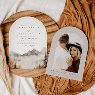 Boog Boho Waterverf Mountain bruiloft uitnodiging