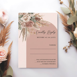 Boog bruiloft reactie RSVP beige taupe Notitiekaartje