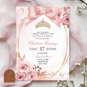 Boog Coquette Roze Gouden Quinceanera Uitnodiging