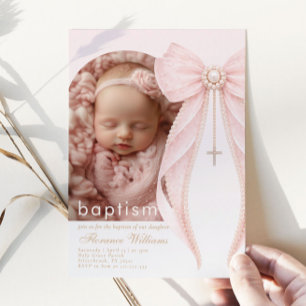 Boog Foto Roze Coquette Strik Baby Meisje Doop Kaart