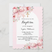 Boog roze bloemen boog goud kruis script doop kaart (Voorkant)