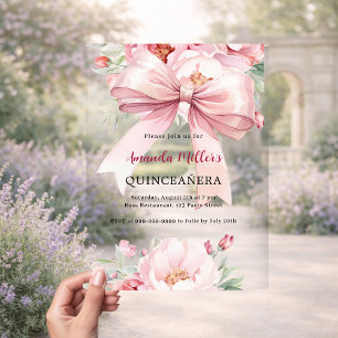 Boog roze bloemen clear Quinceanera Acryl Uitnodigingen