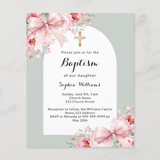 Boog roze bloemenboog salie groen doopsel uitnodig (Voorkant)
