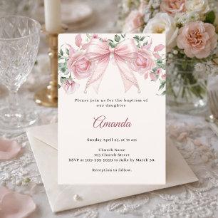 Boog Roze Ivoor Bloemen Meisje Elegante Doop Kaart