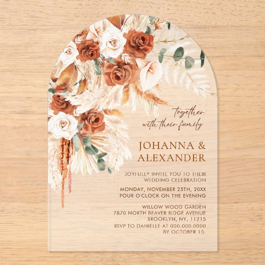 Boog Rustiek Terracotta Bloemenpampa's Trouwen Acryl Uitnodigingen (Voorkant)