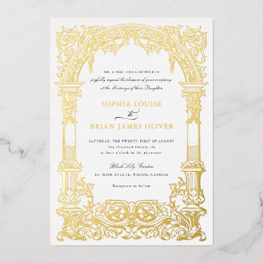 boog wijnstokken Ornament Lijst echt goud Folie Uitnodiging (Voorkant)