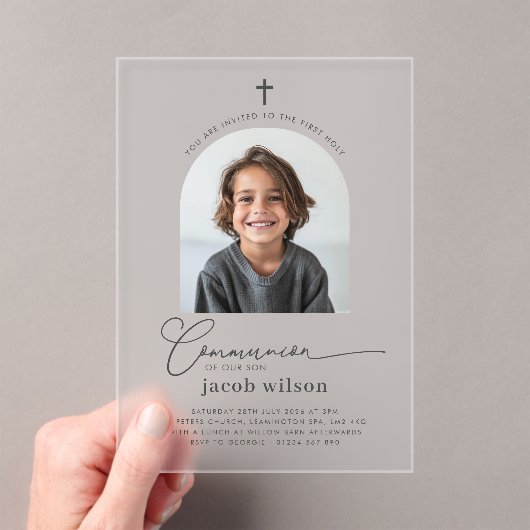 Boogfoto Eerste Communie Jongen Uitnodiging Acryl Uitnodigingen (Insitu (Draagbaar))