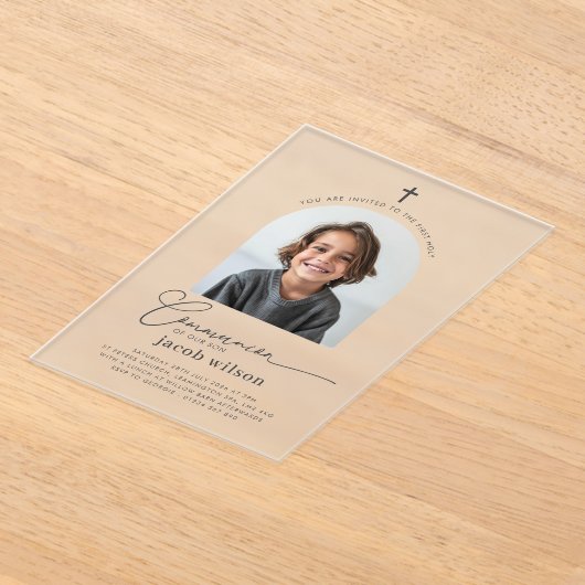 Boogfoto Eerste Communie Jongen Uitnodiging Acryl Uitnodigingen (Laagn)