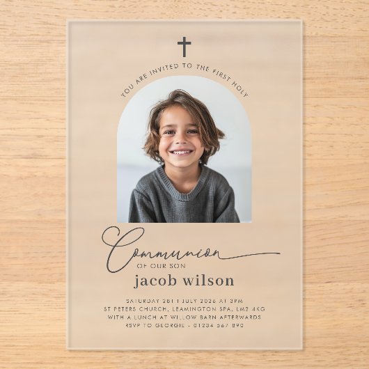 Boogfoto Eerste Communie Jongen Uitnodiging Acryl Uitnodigingen (Voorkant)