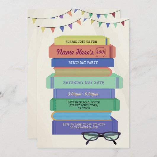 Book Birthday Library Invitation Lecture Stack (Devant / Derrière)