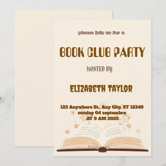 Book Club Party Invitation – Cozy Reading Night (Devant / Derrière)