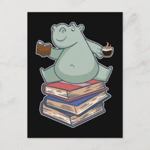 Book Reading Tea Coffee Kawaii Bookworm Hippo Briefkaart