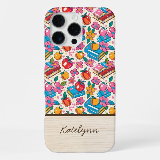 Books & Apple Teacher Phone Case • Custom Name iPhone Hoesje (Achterkant)