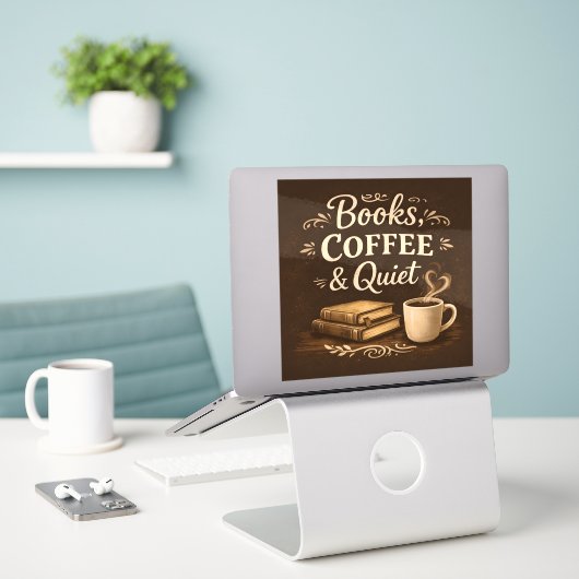 Books, Coffee & Quiet – Dark Academia Book Lover Sticker (Laptop op bureau)