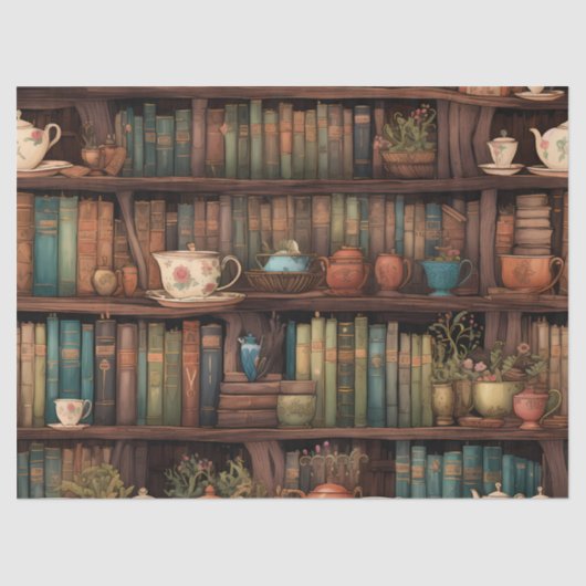 Books, Teapots and Plants on Shelves Tissuepapier (Voorkant)