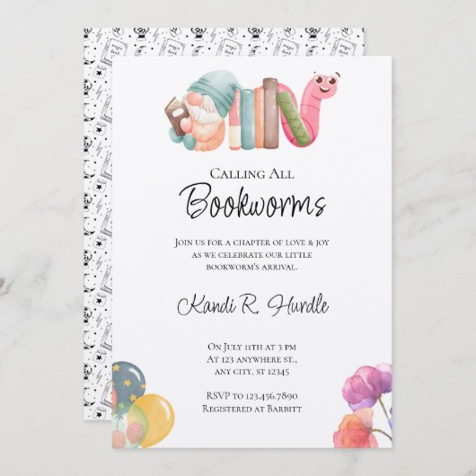 Bookworm Baby Shower Invitations (Devant / Derrière)