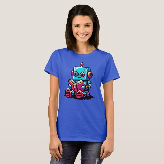 Bookworm Robot - Pixel Art Sci-Fi Reading Design T-shirt (Voorkant volledig)